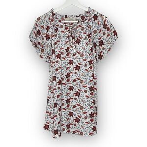 LOFT Loft White Red Floral Tie Front Flowy Top Blouse Short Sleeve Women Size XL